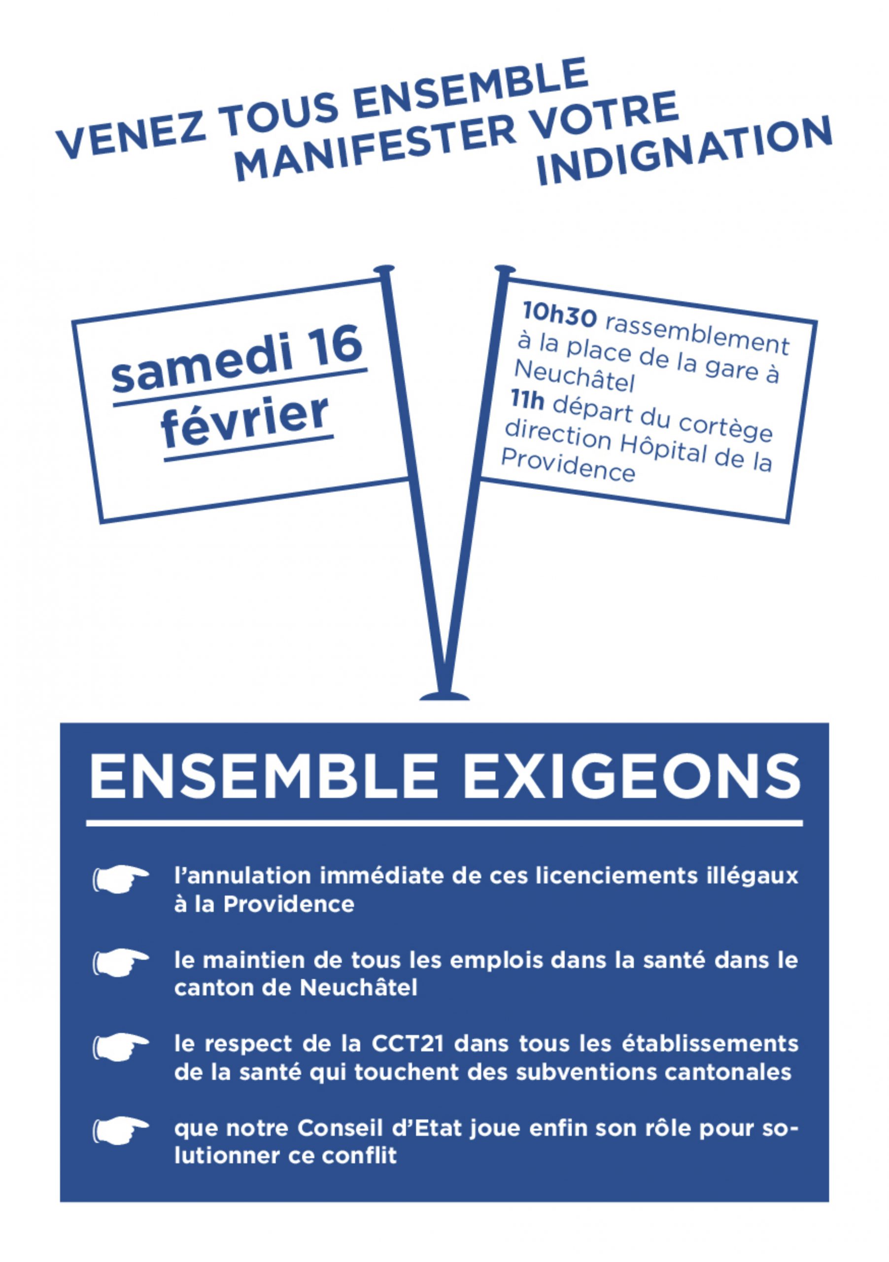 Toutes et tous: 16 février 2013, 10h30, Place de la Gare à Neuchâtel: soutien au grévistes licencié·e·s de la Providence