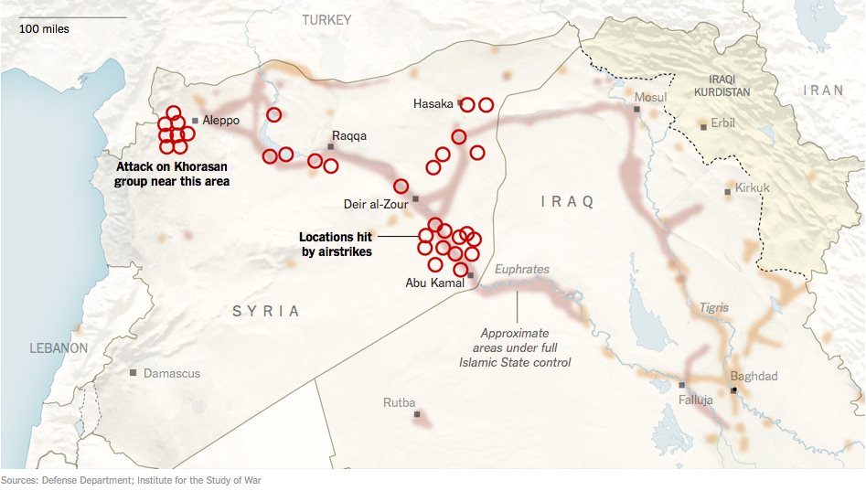 Les ronds rouges indiquent les objectifs des frappes aériennes en Syrie le 23 septembre 2014, et zones approximatives sous le contrôle de l'EI. Source: Defense Department; Institute for the Study of War