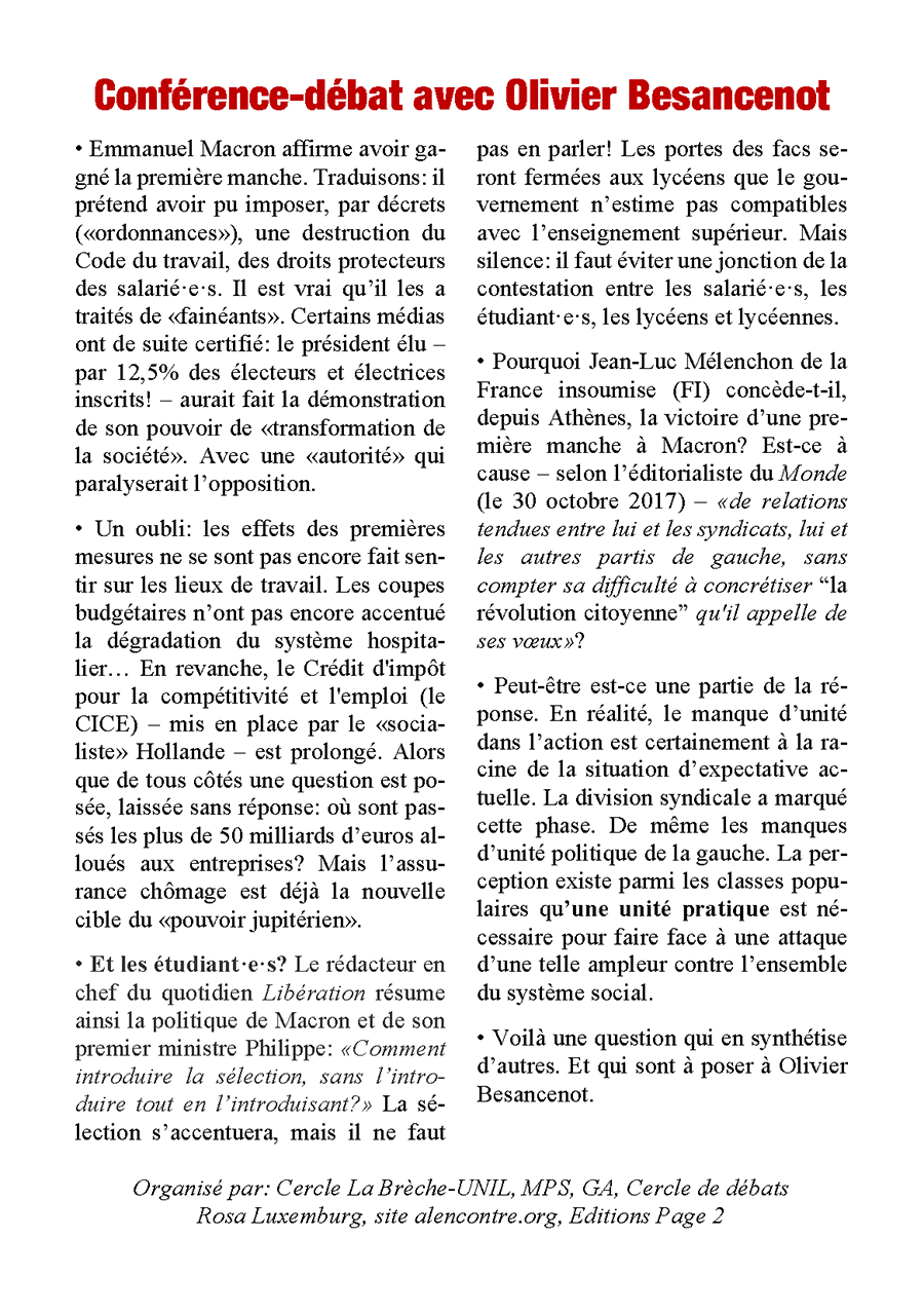 Conférence-débat avec Olivier Besancenot: «Etre insoumis en France? Pourquoi et comment» - Lausanne, 13 nov. à 20h, Espace Dickens