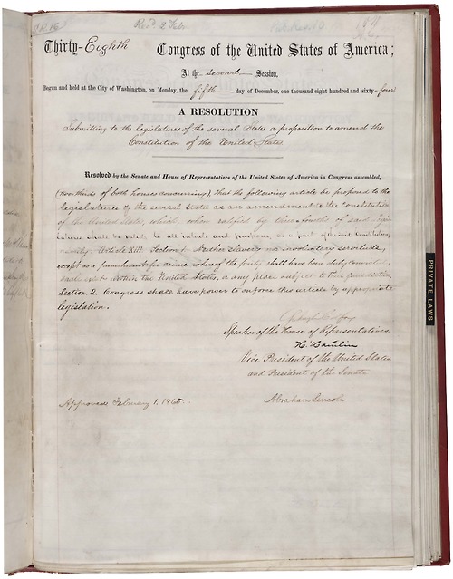 image de l'acte manuscrit signé du président Lincoln le 1er février 1865