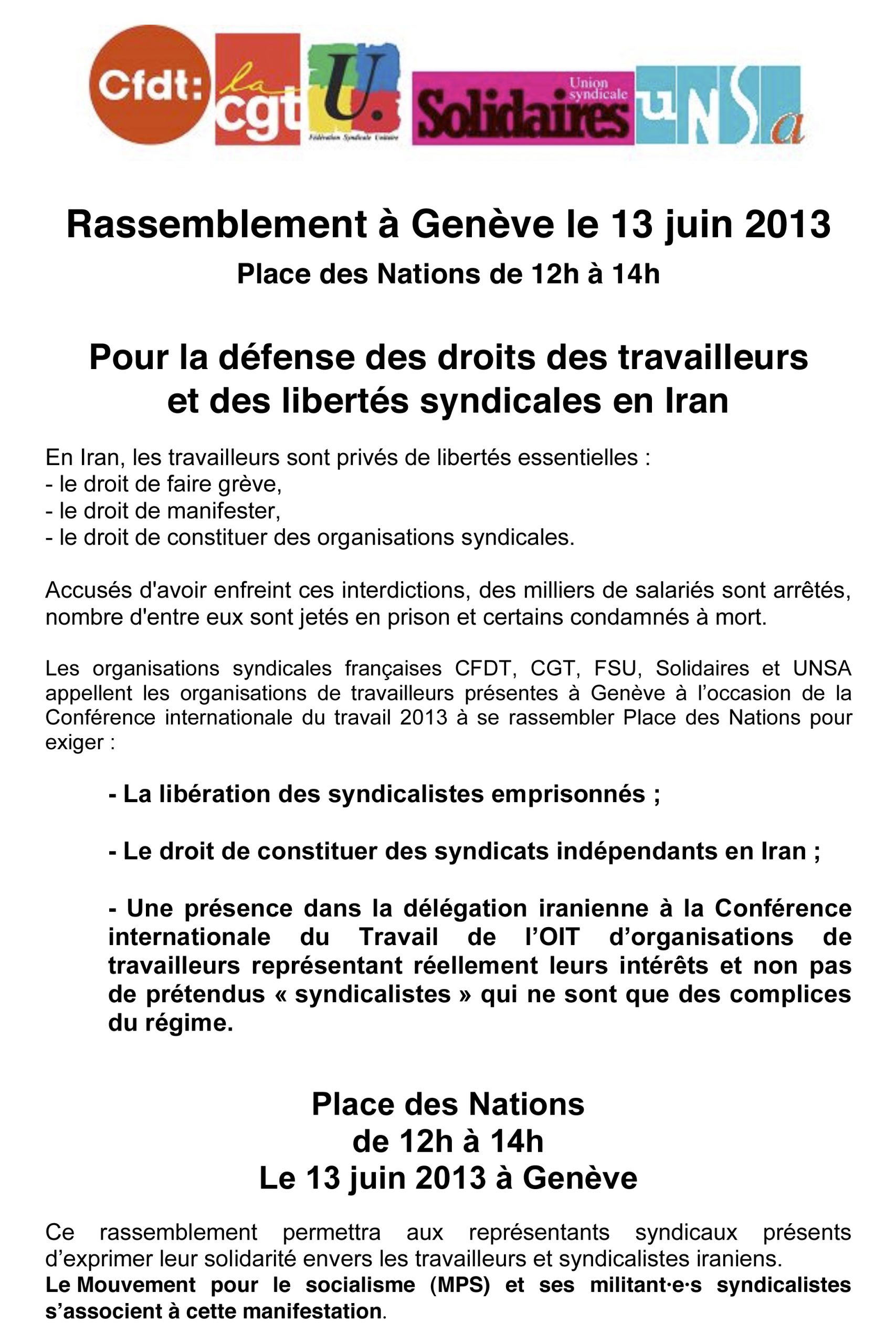 Pour la défense des droits des travailleurs et des libertés syndicales en Iran. Rassemblement à Genève le 13 juin 2013. Place des Nations de 12h à 14h