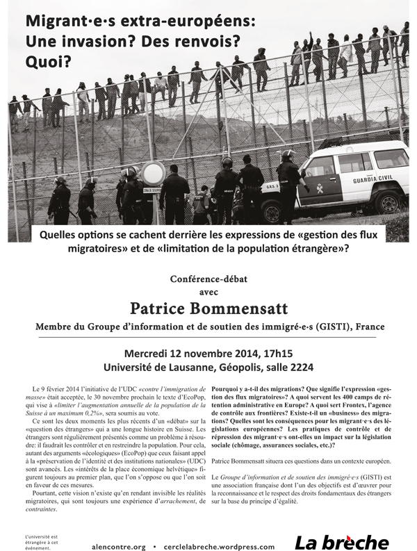 Conférence-débat: «Migrant.e.s extra-européens: une invasion? des renvois? quoi?» avec Patrice Bommensatt (GISTI) - Mercredi 12 novembre, UNIL, Geopolis, salle 2224, 17h15